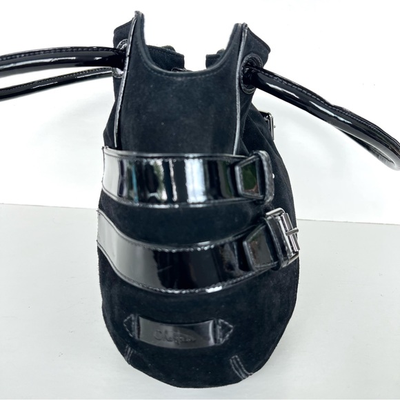 COLE HAAN Black Suede w Patent Leather Side Buckle Pockets Shoulder Bag Tote - Picture 4 of 14